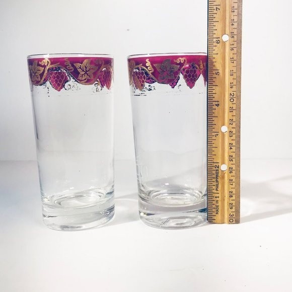 MCM Highball Glasses Set of 2 Gilt Edge Cranberry Flashed Grape Cluster Barware - Picture 6 of 8